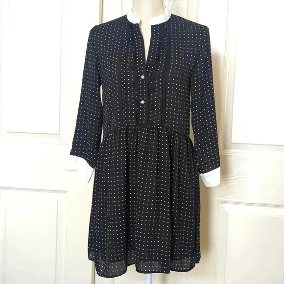 Zara Women's Collared Pearl Black & White Polka Dot Babydoll Dress - Picture 3 of 6
